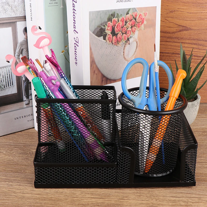 Hollow Out Round Pencil Storage Rack, 3 Grid Metal Pen Holder, Organizador de papelaria, Preto, Escritório da escola, Criativo