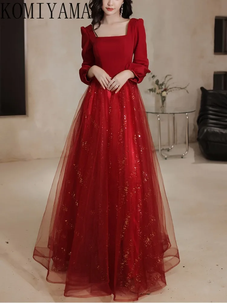 Customized Bride 2024 New Red Summer Elegant Prom Dresses Long Sleeve Backless Square Collar Wedding Party Dress Mesh Design Eve