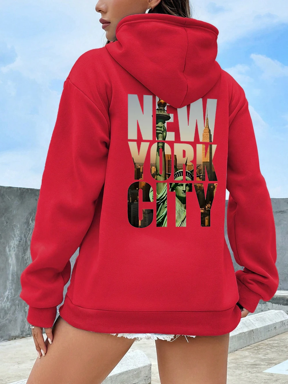 

New York City Printing Hoodies Women Comfortable Loose Sweatshirts Winter Fleece Warm Pullovers Basics Pocket Womans Clothes
