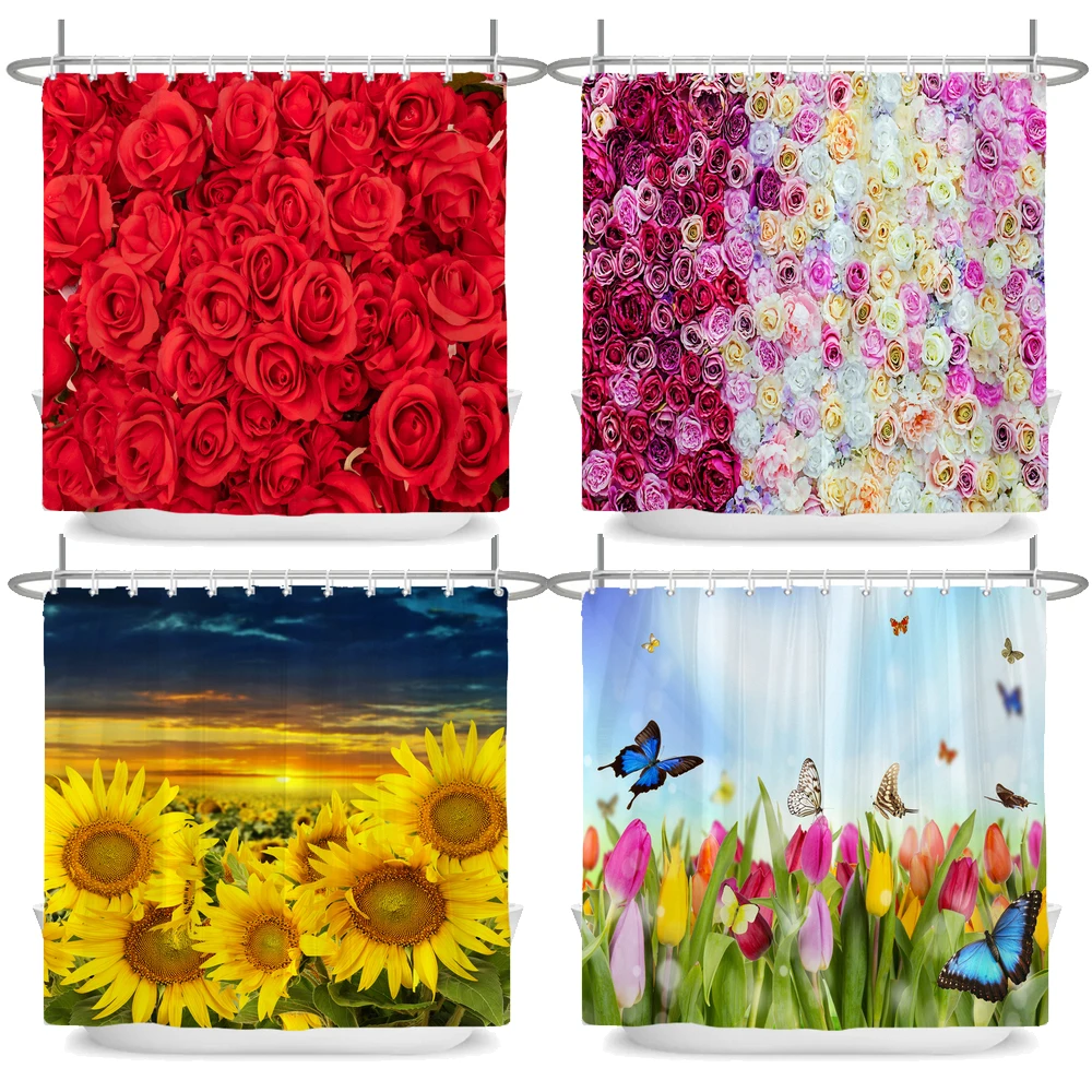 Natural Flowers Butterfly Shower Curtain Morden Art Floral Girl Waterproof Fabric Bathroom Curtain Room Decor Curtain With Hooks