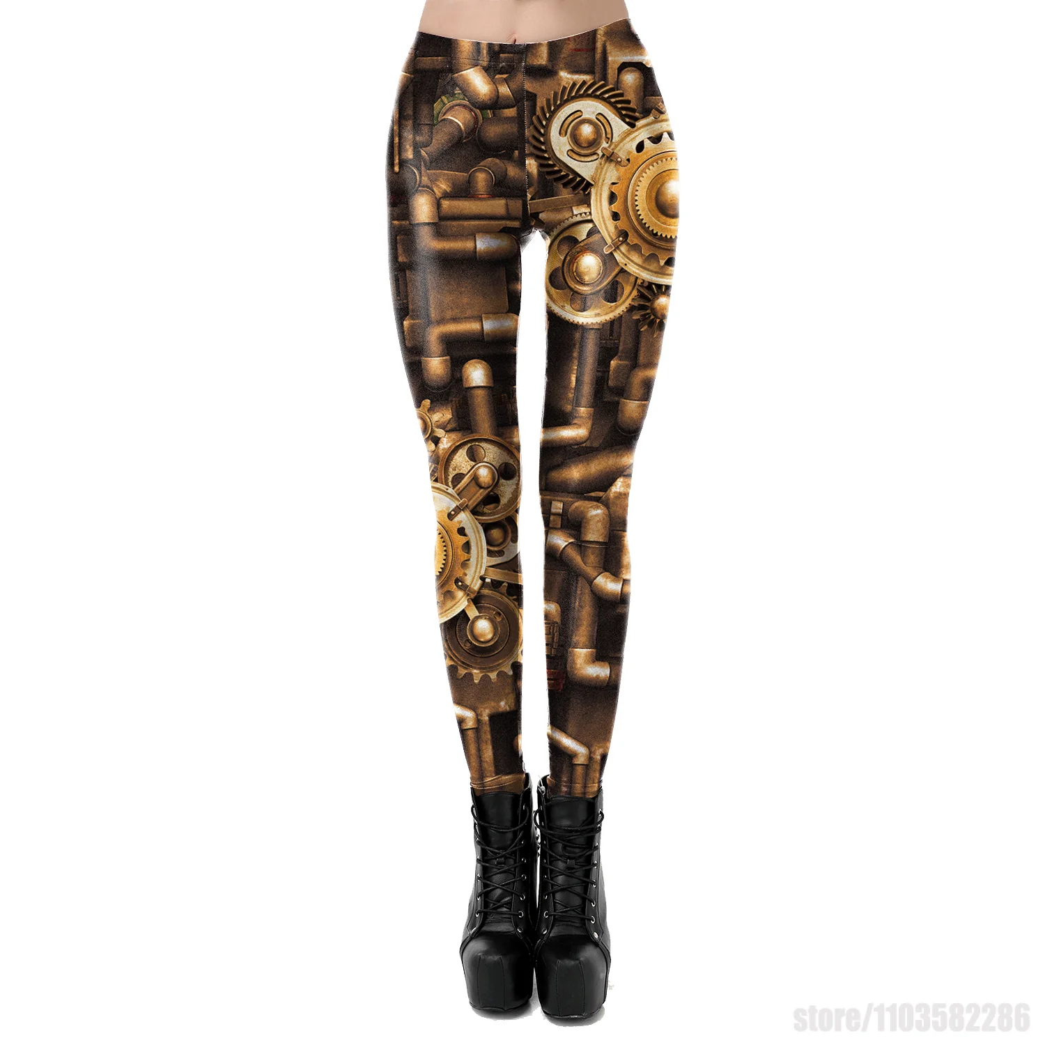 

Metal Punk Leggings Gothic Women Pants Festival Party Trousers 3D Printing Gear Pattern Outfit Adult Purim Skinny Dress Up