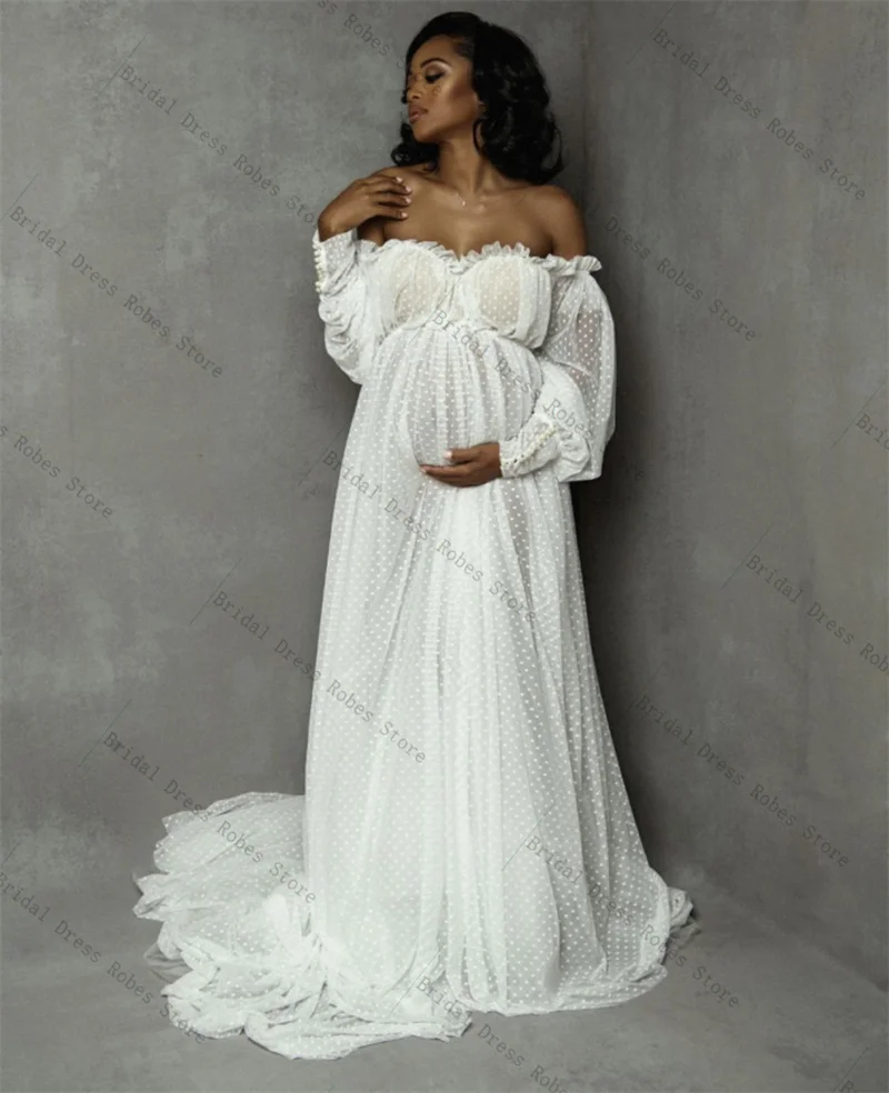 

Elegant White Dot Tulle Women Prom Dress For Photoshoot Formal Sexy Off Shoulder Long Bridal Morning Robe Customized Night Gown
