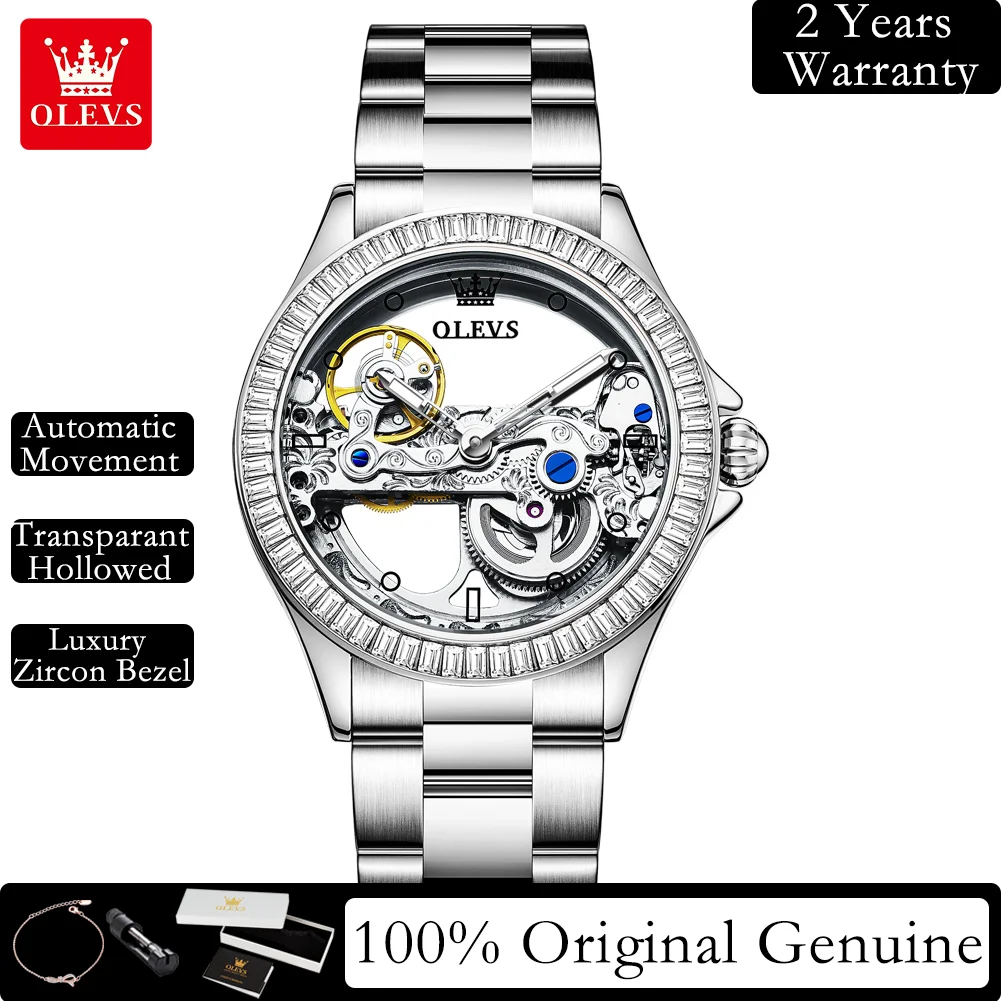 OLEVS Fully Hollowed Watches for Women Automatic Mechanical Women's Watches Luxury Stainless Steel Diamond Inlay Wristwatch 6699