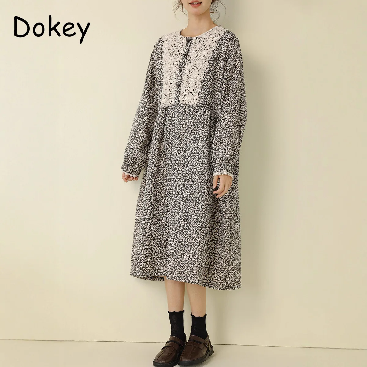 

Vintage Lace Long Sleeve Flower Dress Women Autumn Japanese Mori Girl Loose Cotton Linen Dresses Casual O-Neck Pullover Vestidos