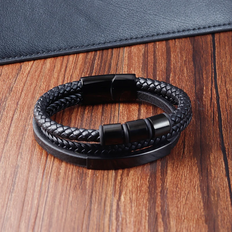 Double-layer Braided Rope Wrap Leather Bracelets for Men Charm Blue Black Classic Style Stainless Steel Bangle Couple Jewelry