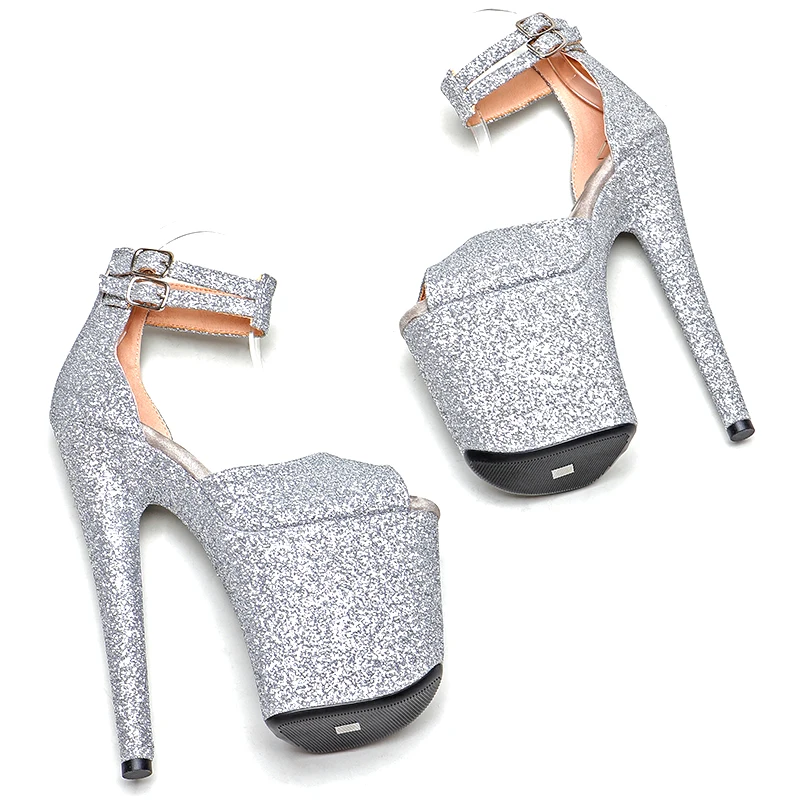 Leecabe 20cm/8inches glitter material silver color  platform high heel   sandals  pole dance shoes