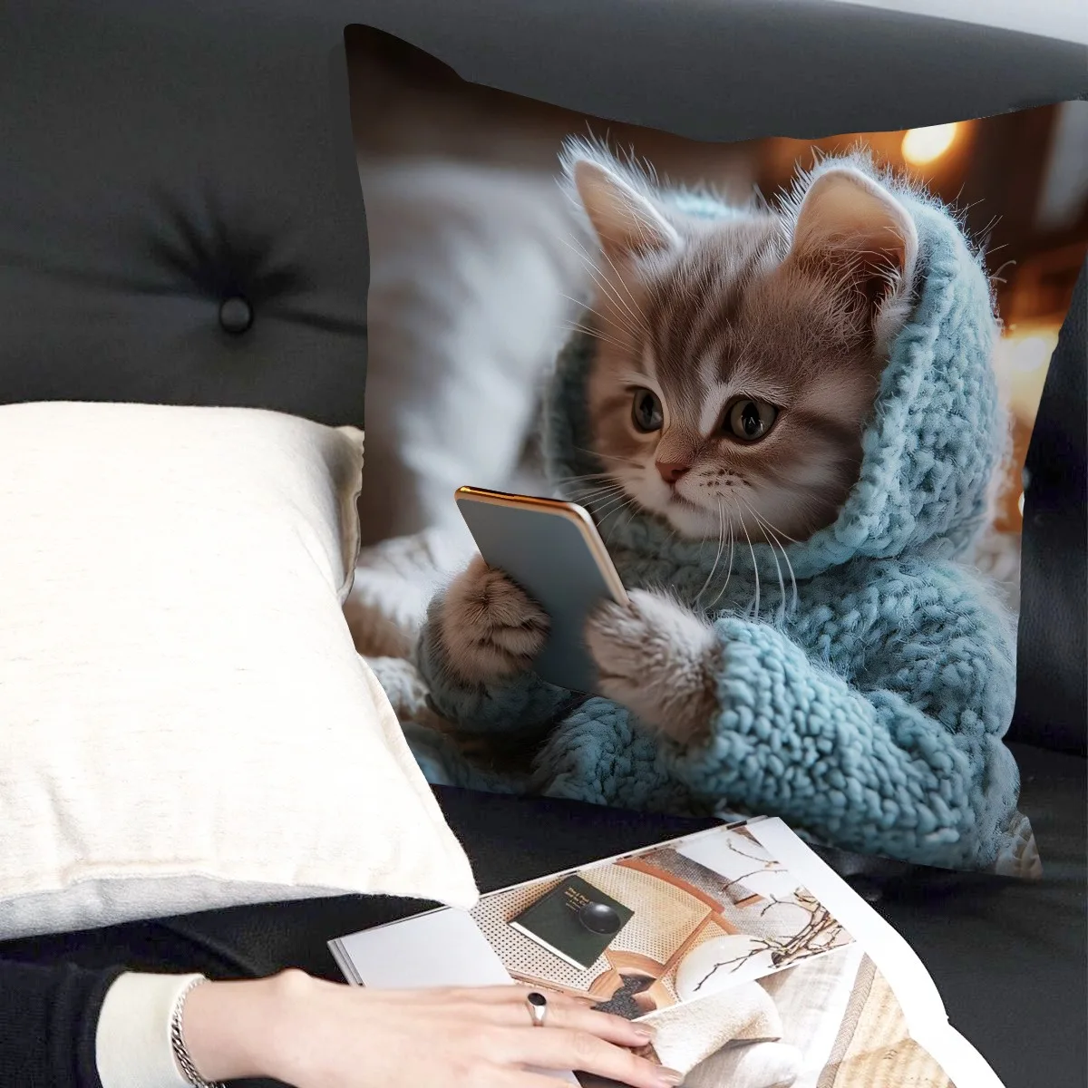 قطة لطيفة في غطاء وسادة بقلنسوة: مريحة ورائعة لمنزلك! غطاء وسادة أريكة، ديكور منزلي، طباعة ثنائية الأبعاد