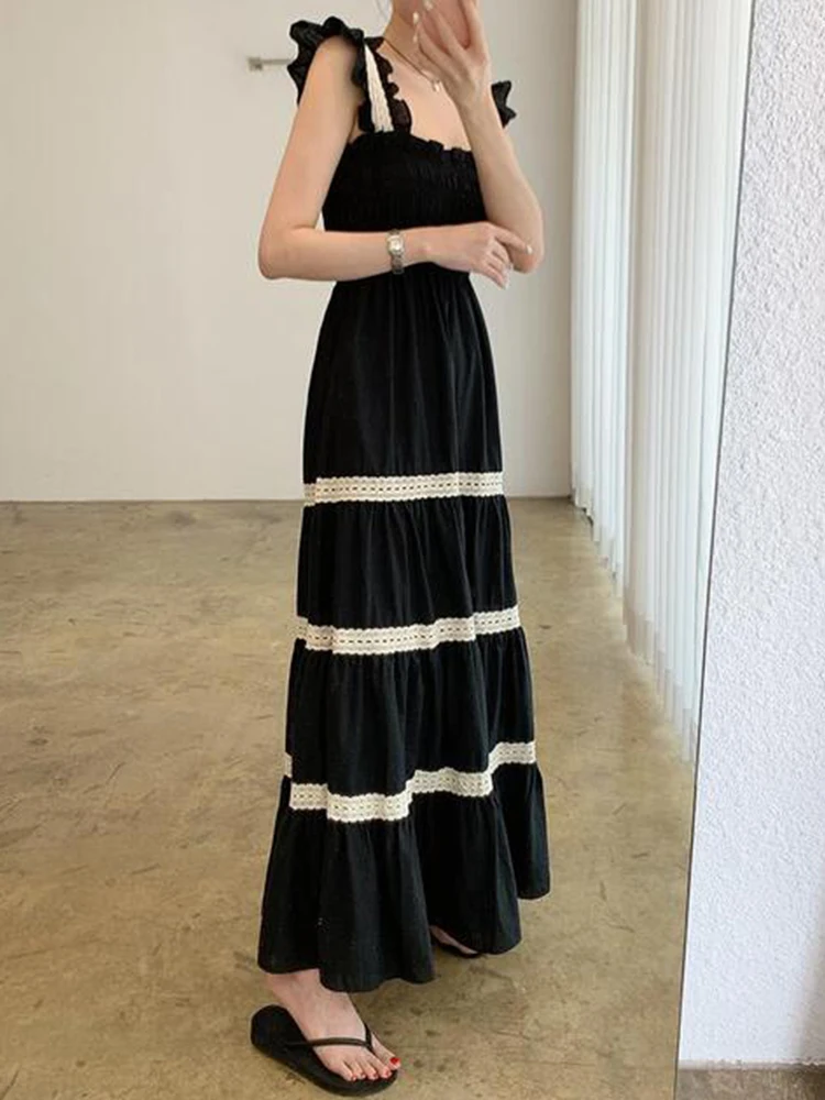 Vestido de Verano E Vintage Antienvejecimiento con Cuello Cuad, Cintura Ajustable con Cordón, Bloques de Color, Ri...