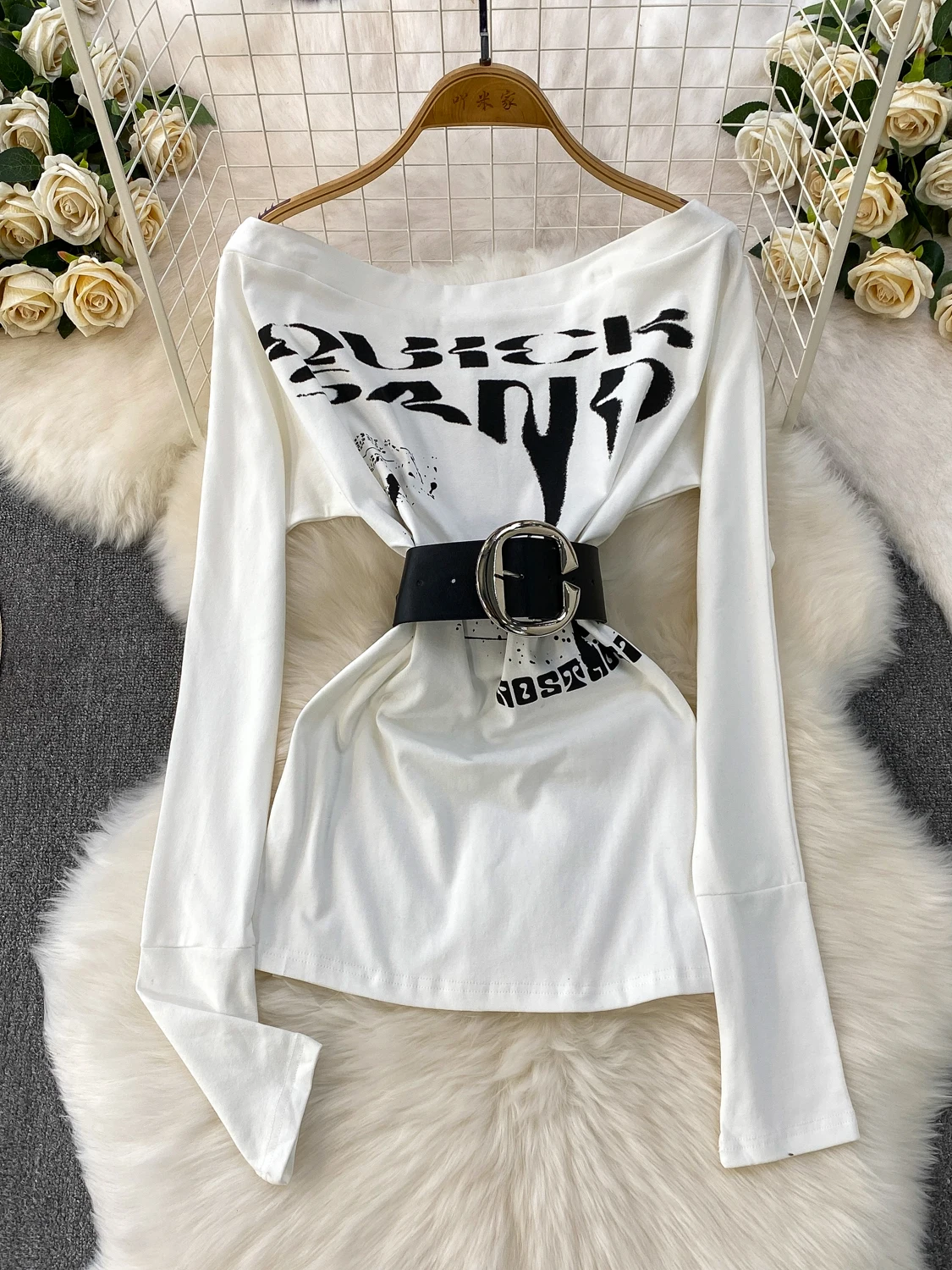 T-shirt sexy American Girl oulder Bared da donna Autunno Inverno Vita retrò Cinching Stampa Top lavorato a maglia High Ne Long Sve