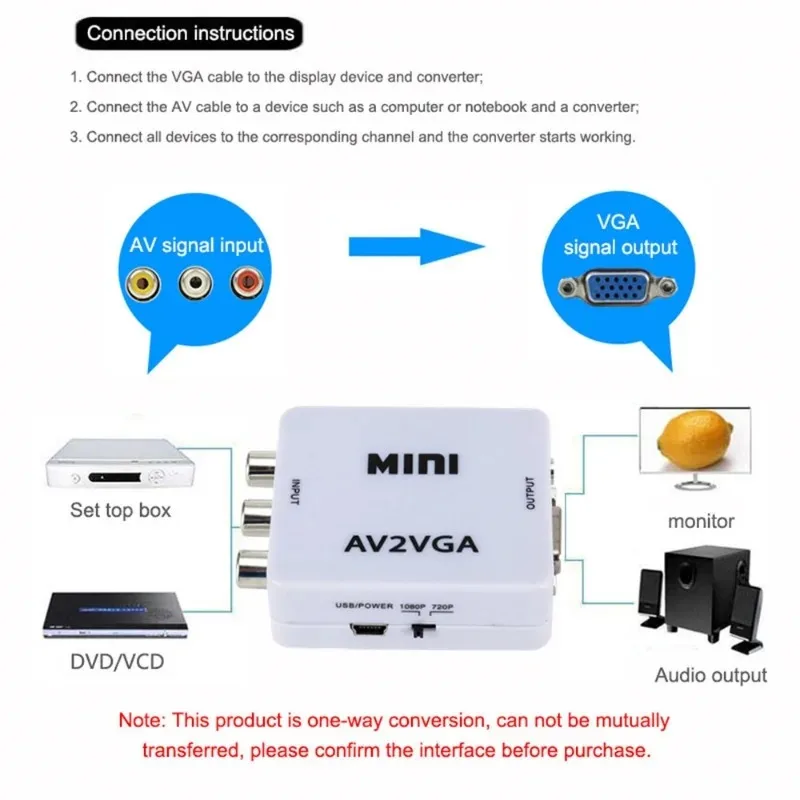 Wideo VGA GRWIBEOU HD AV2 skrzynka konwerterowa Mini AV RCA CVBS do wideo VGA Adapter wideo z dźwiękiem 3.5mm do konwerter HDTV PC