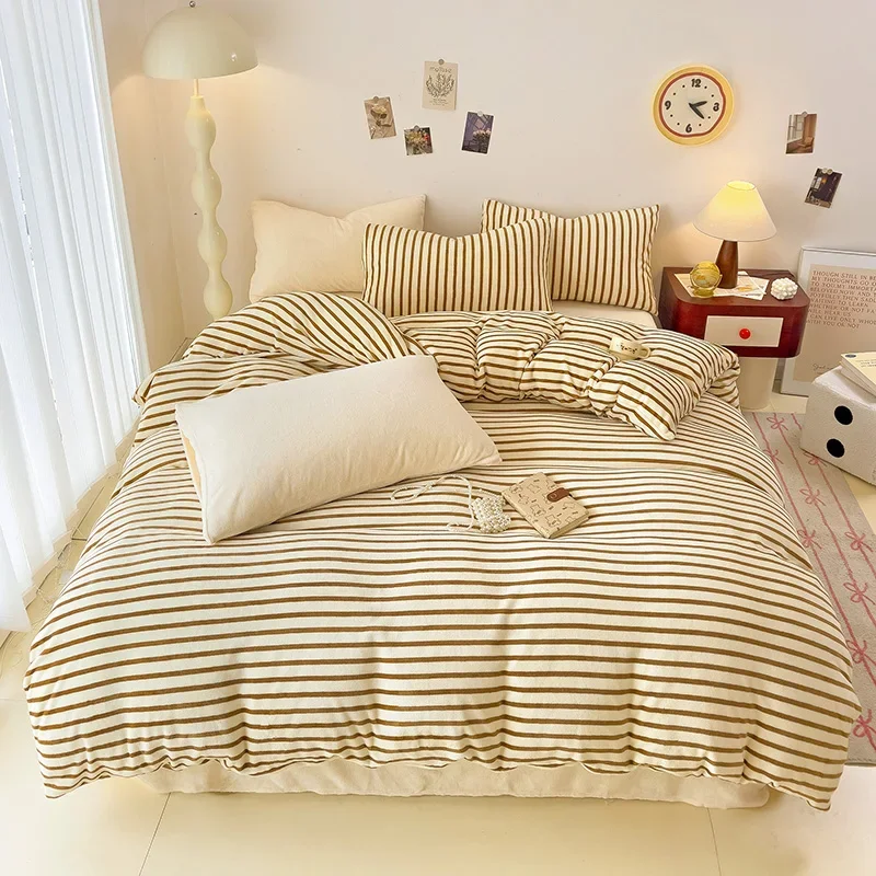 2024 Autumn/winter New Milk Velvet Stripe Single Duvet Set Warm Fleece Blanket Quilt Cover Double Use Large Size Bedding 180x220