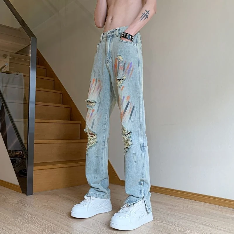 

Men's Jeans with Holes Broken Male Cowboy Pants Trousers Ripped Torn Loose Baggy Denim Y 2k Vintage Luxury High Quality Casual