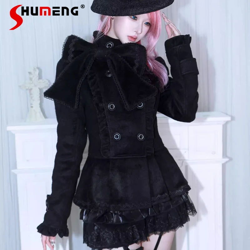 

Japanese Lolita Style Chic Sweet Cute Coat Detachable Big Bow Double-Breasted Woolen Long-sleeved Jacket Top Women's Clothing