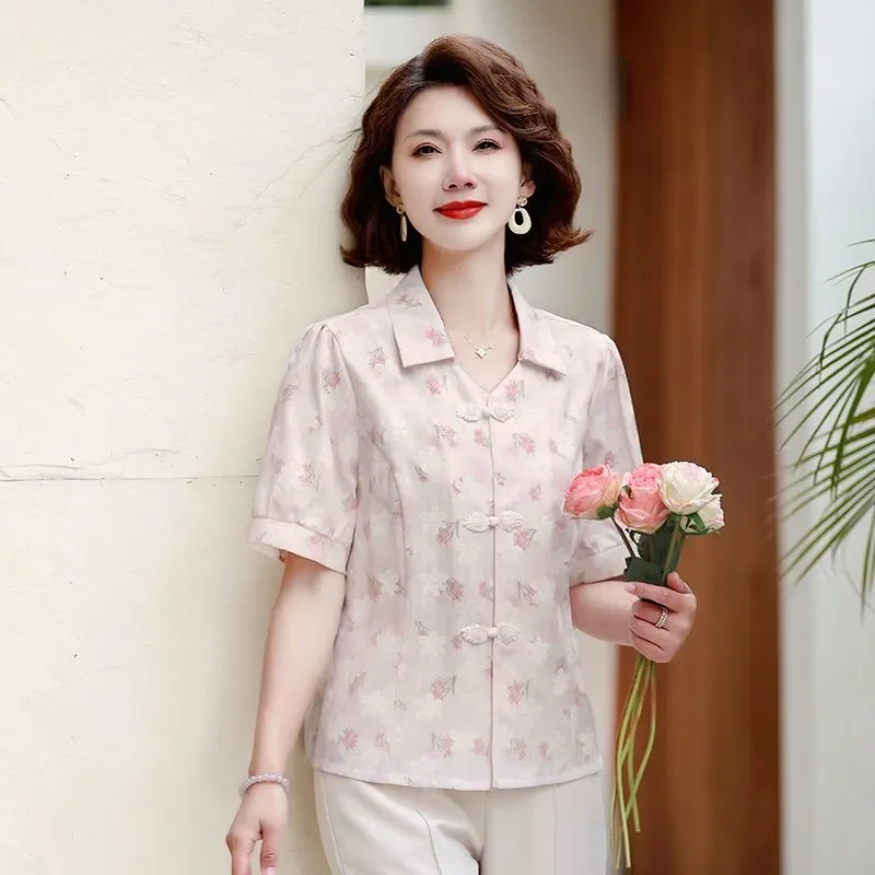 

Women Floral Print Blouse Chinese Knot Button Short Sleeve Casual Loose Mom Top