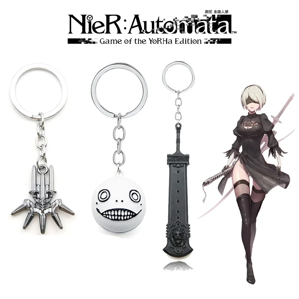 Juego NieR Automata llavero Robot 2B Emil No2 tipo B llavero de coche bola blanca YoRHa Logo de Metal hombres mujeres llavero joyería