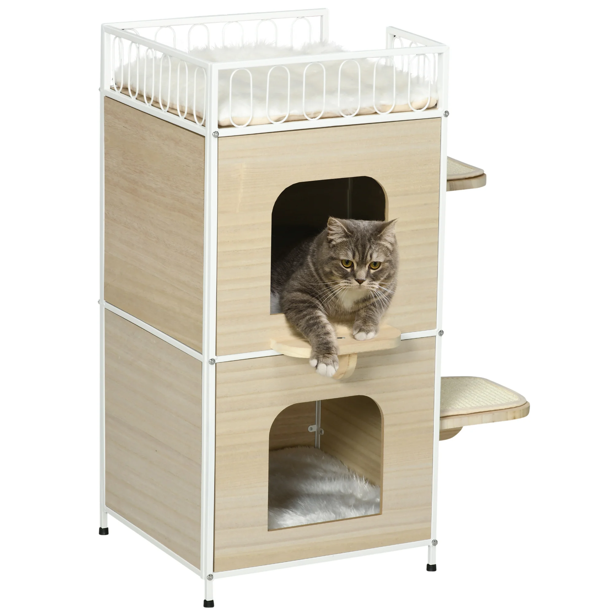 PawHut 2-tier Cat House wooden kitten Cave Bed with 2 scrapers 3 washable cushions and Natural 40x40x84 cm top bed