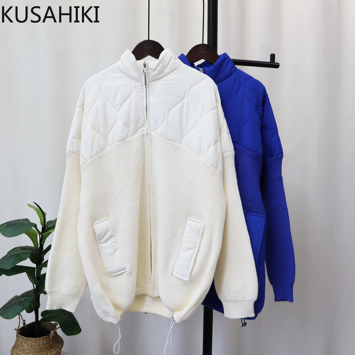 KUSAHIKI 2023 Autumn Winter New Korean Causal Knitted Patchwork Parkas Fashion Stand Neck Zipper Long Sleeve Parka Coat Women