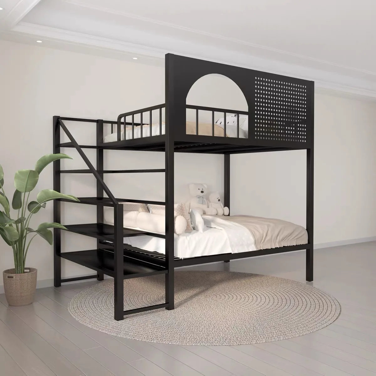 Wrought iron loft elevated bed sheet upper floor small apartment on the bed and lower table apartment space saving double bed
