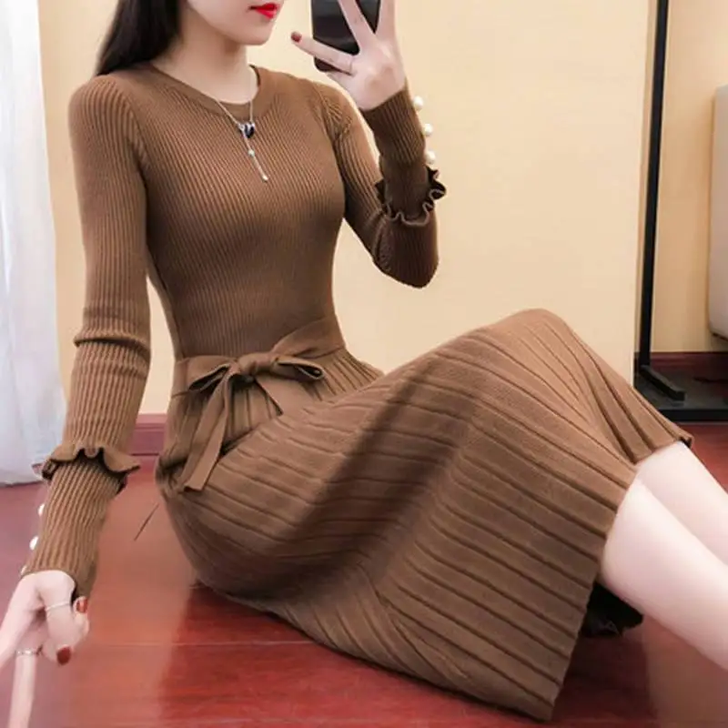 Spring Autumn New Women's Pullovers Solid Color O-Neck Screw Thread Bow Button Dress Fashion Simplicity Casual Long Sleeve Tops
