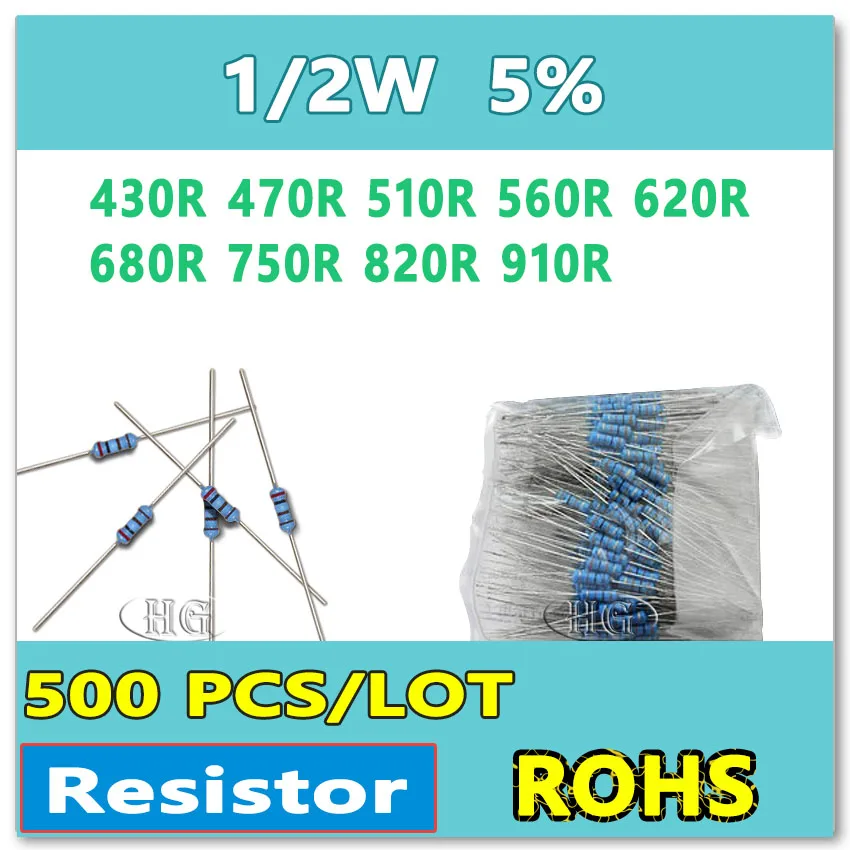 

JASNPROSMA 500PCS/LOT 5% 1/2W 430R 470R 510R 560R 620R 680R 750R 820R 910R carbon film DIP OHM Resistor