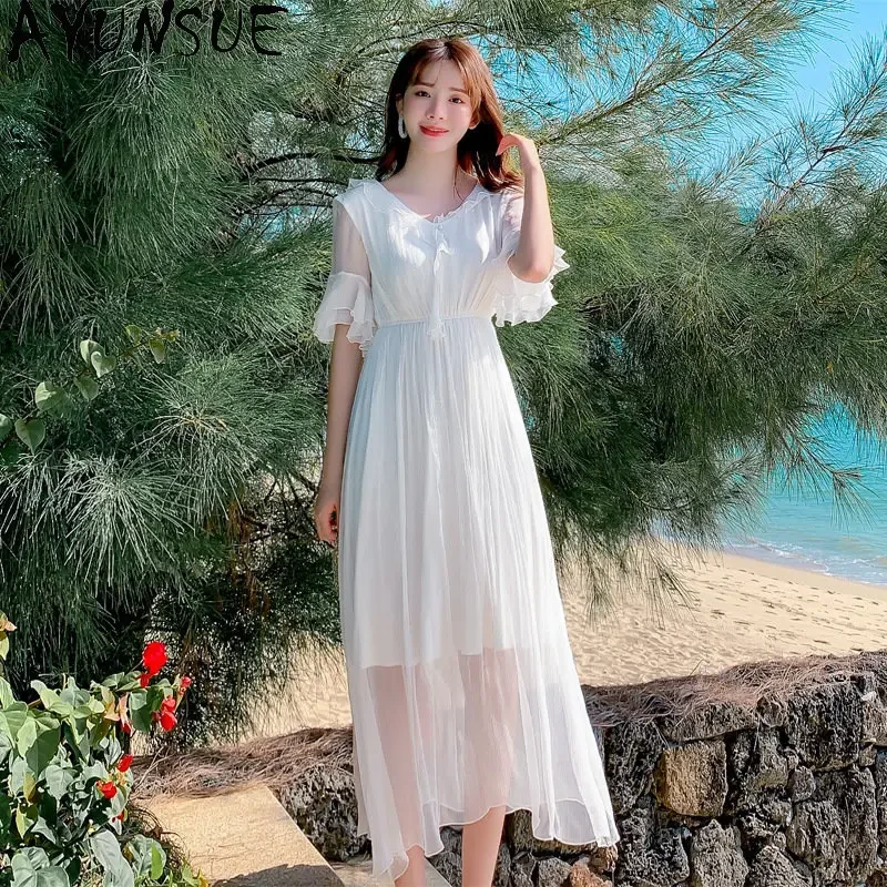 

100% Mulberry Real Silk Dresses For Women Summer White Fairy Dress Women's Clothing Elastic Waist Beach Long Dresses Robe Femmes