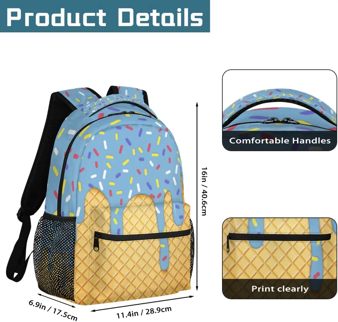 Daypack Backpacks 16 Inch Bookbags for Students, Ice Cream Blue School Backpack Laptop Shoulder Bag Daypack for Travel