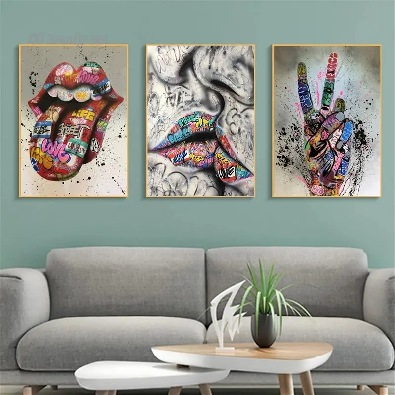 Mouth Couple Kissing Gesture Love Heart Graffiti Art Canvas Painting Street Art Posters Cuadros Abstract Picture Home Wall Decor