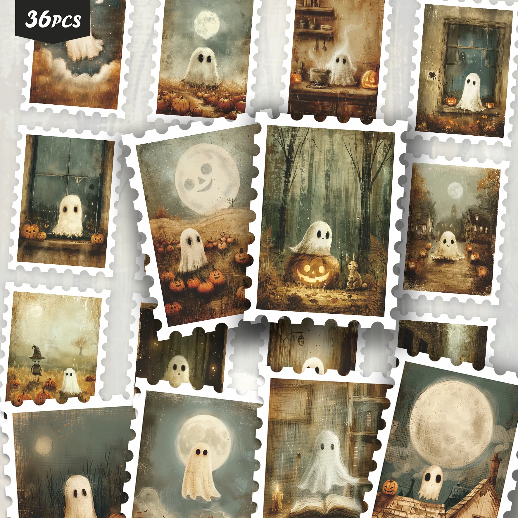 36PCS Old Halloween Ghost Stickers, ghost pumpkin moon motifs, weathered vintage aesthetic, ideal for tumblers, for pads and for
