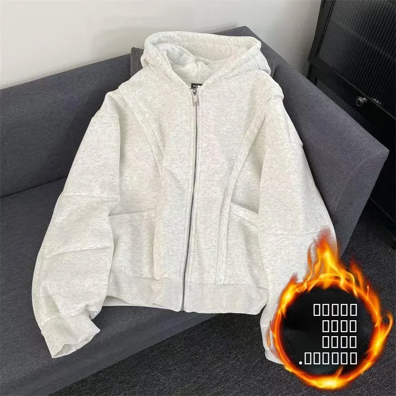 

Grey Short Fleece Lined Men's Sweatshirt Heavyweight Structured American Style Zipper Cardigan Coat for Autumn Winter Couples