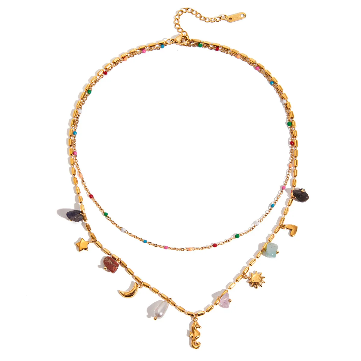 

18K Gold Tone Stainless Steel necklace Multicolor Beads Star Moon Seahorse Pendant Multi-Layer Vacation Jewelry for Beach Party