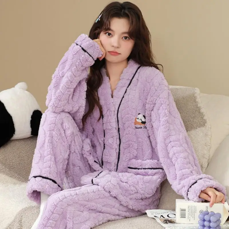 Women Cartoon Panda Pajamas Set Winter Coral Fleece Soft Homewear 2 Pcs Shirt&pants Lapel Casual Comfy Loungewear Sleepwear