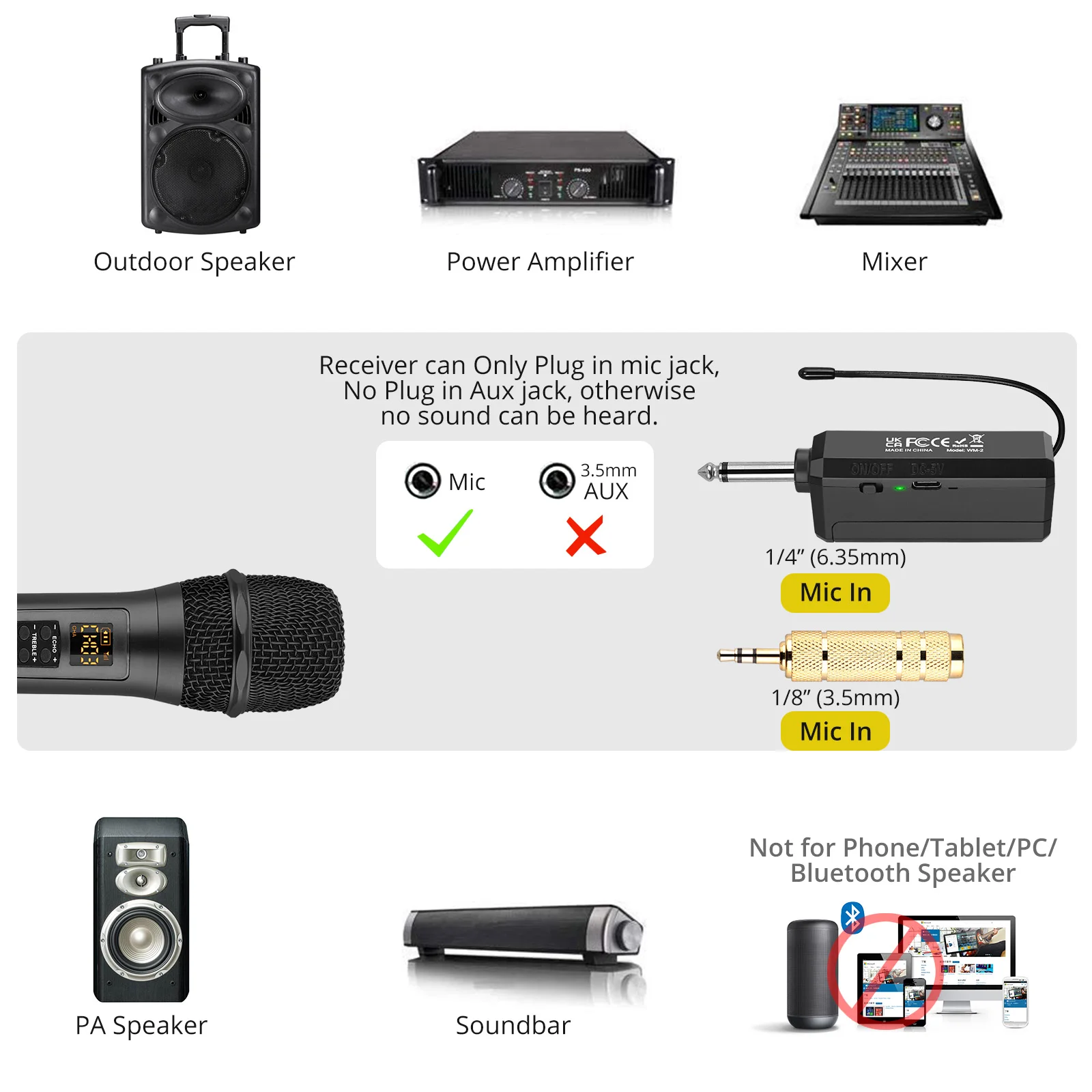Micrófono inalámbrico UHF Receptor de mano con enchufe recargable dual para Karaoke