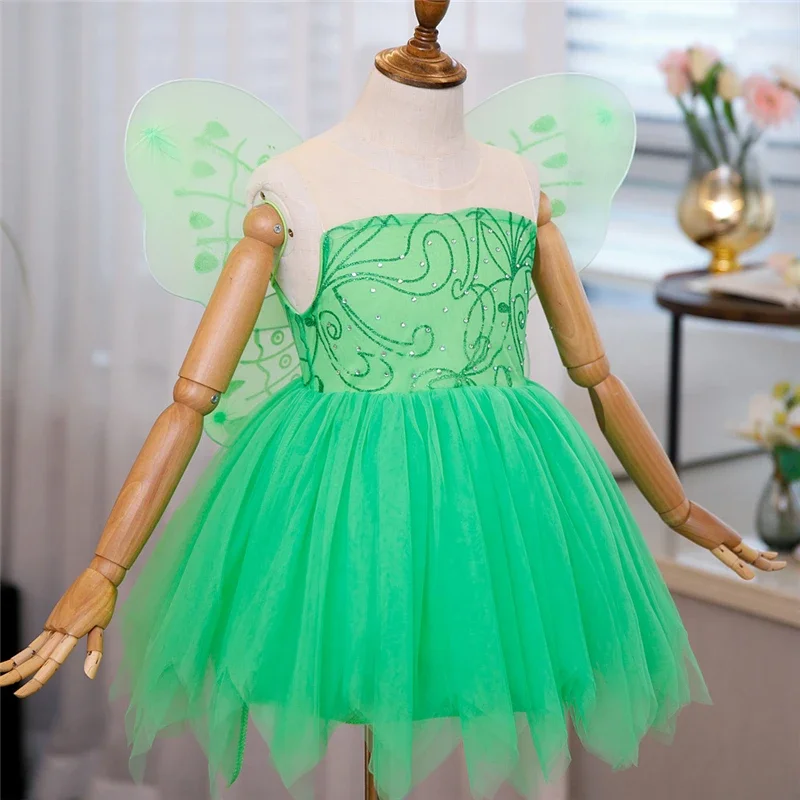 HN8 女の赤ちゃん妖精ティンカーベルドレスファンシーサマープリンセス誕生日結婚式ハロウィンパーティーコスプレ衣装キッズ子供)4Dc