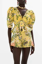 Women 100% Linen Yellow Flower Printed Half Sleeve V-Neck Beaded Blouse Or Shorts