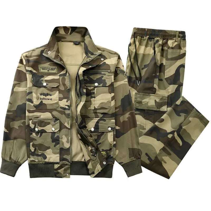 Men Pure Cotton Elastic Workwear Jacket Pants Set Multi Pockets Loose Breathable Heat Resistant Dirty Wear Resistant Spring Autu