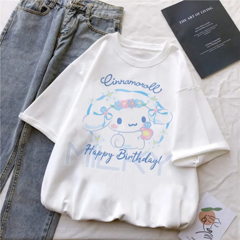 Harajuku O-neck Short Sleeved T-shirt Cinnamoroll Printed High-quality Tshirt Comfortable Streetwear Tops Y2k Women's Clothing