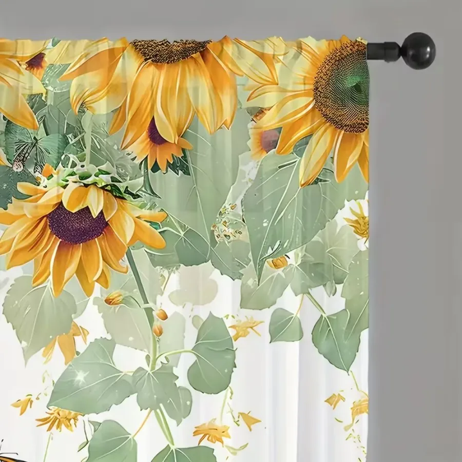 2PCS Digital Print Sheer Curtain, Green Leaf Sunflower Summer Floral Botanical Window Drapes for Living Room Bedroom Home Decor