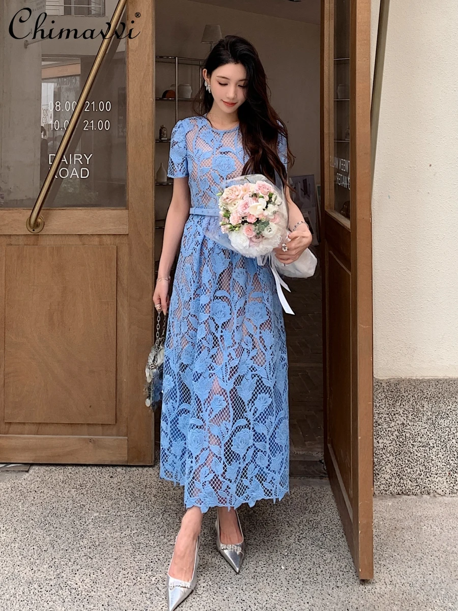 

Blue Heavy Lace Hollow Round Neck Short Sleeve Women's Dress 2024 Summer Dresses New Elegant High Waist Slim Long Party Dress