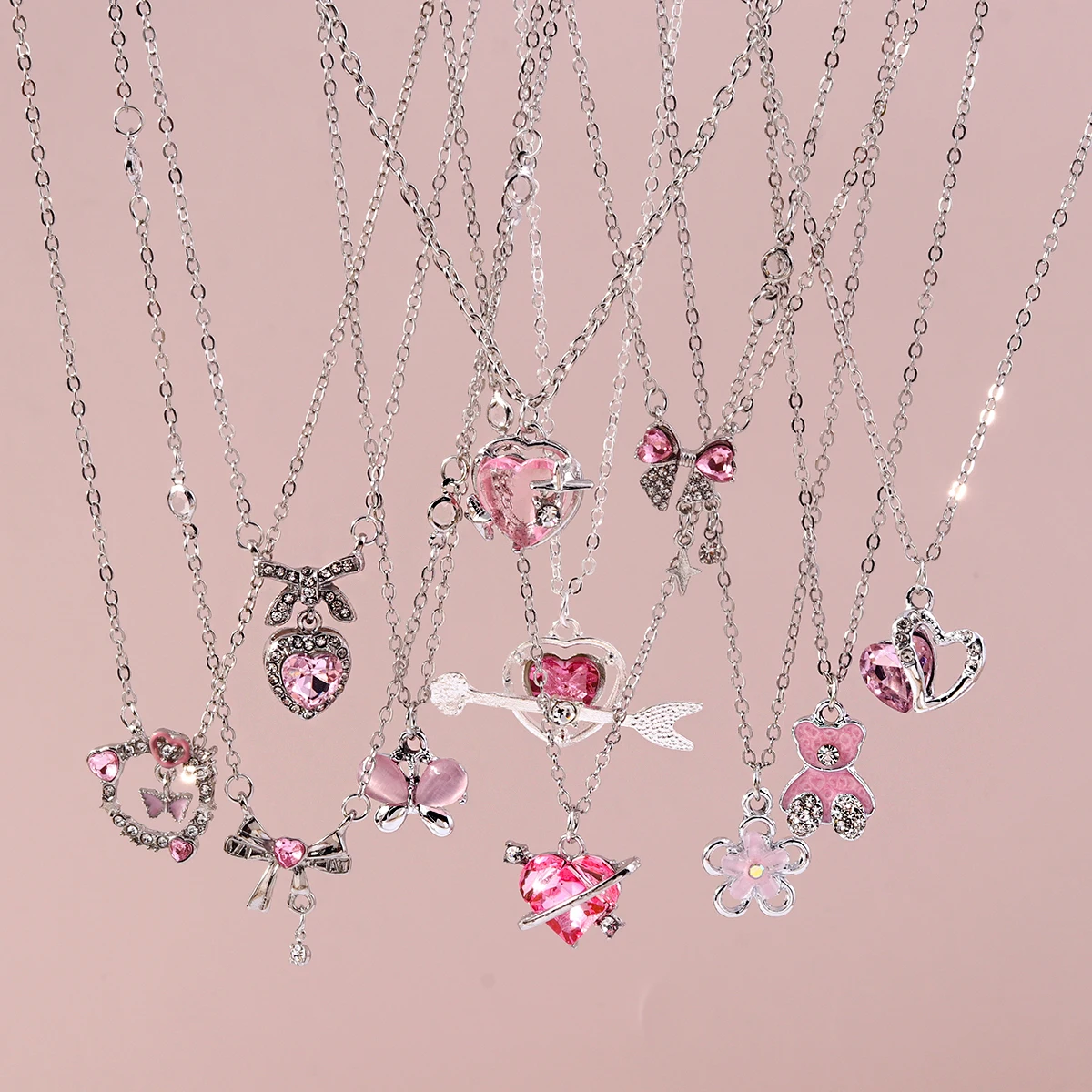 Aihua Neue Mode Trendy Y2k Kristall Rosa Zirkon Herz Anhänger Halskette Für Frauen Mädchen Süße Bowknot Halskette Partei Schmuck – Detail 4