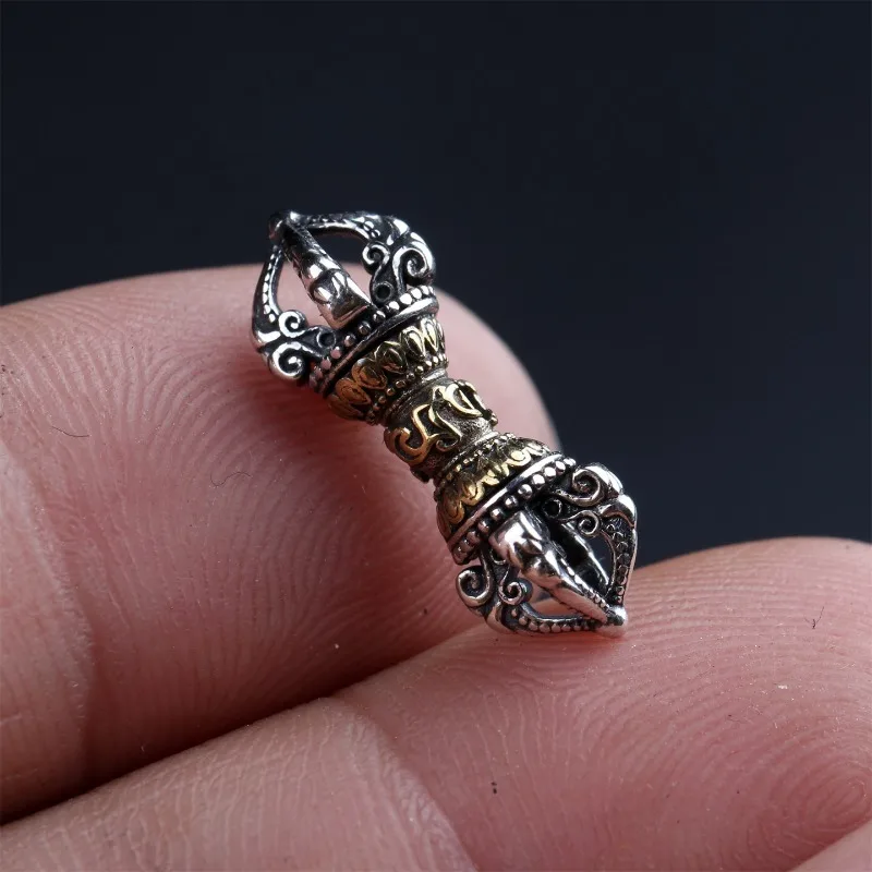 Tibetan Handmade Pure Silver Inlaid Copper Vajra Bell Pestle Backdrop Accessory Buddhist Beads Bracelet Meditation Craft Gift