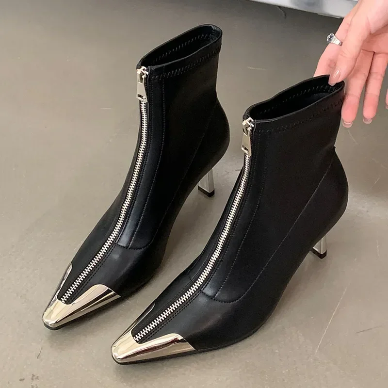 

New Footwear Modern Women Ankle Boots Fashion Designer Zippers Shoes Pointed Toe Ladies Short Booties Female Thin Heels Shoes