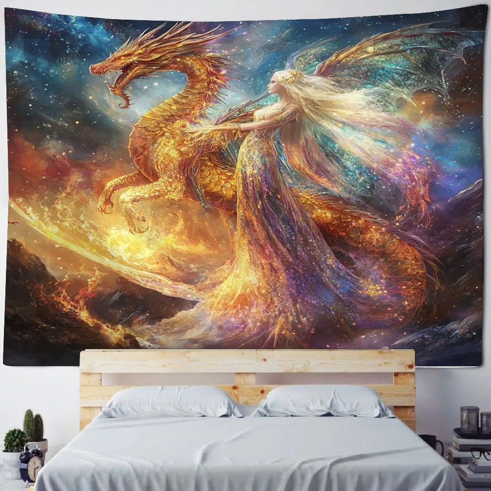 Very cool, colorful crystal scales, golden dragons surrounding cliffs, waterfalls, background decorations, tapestries, home deco