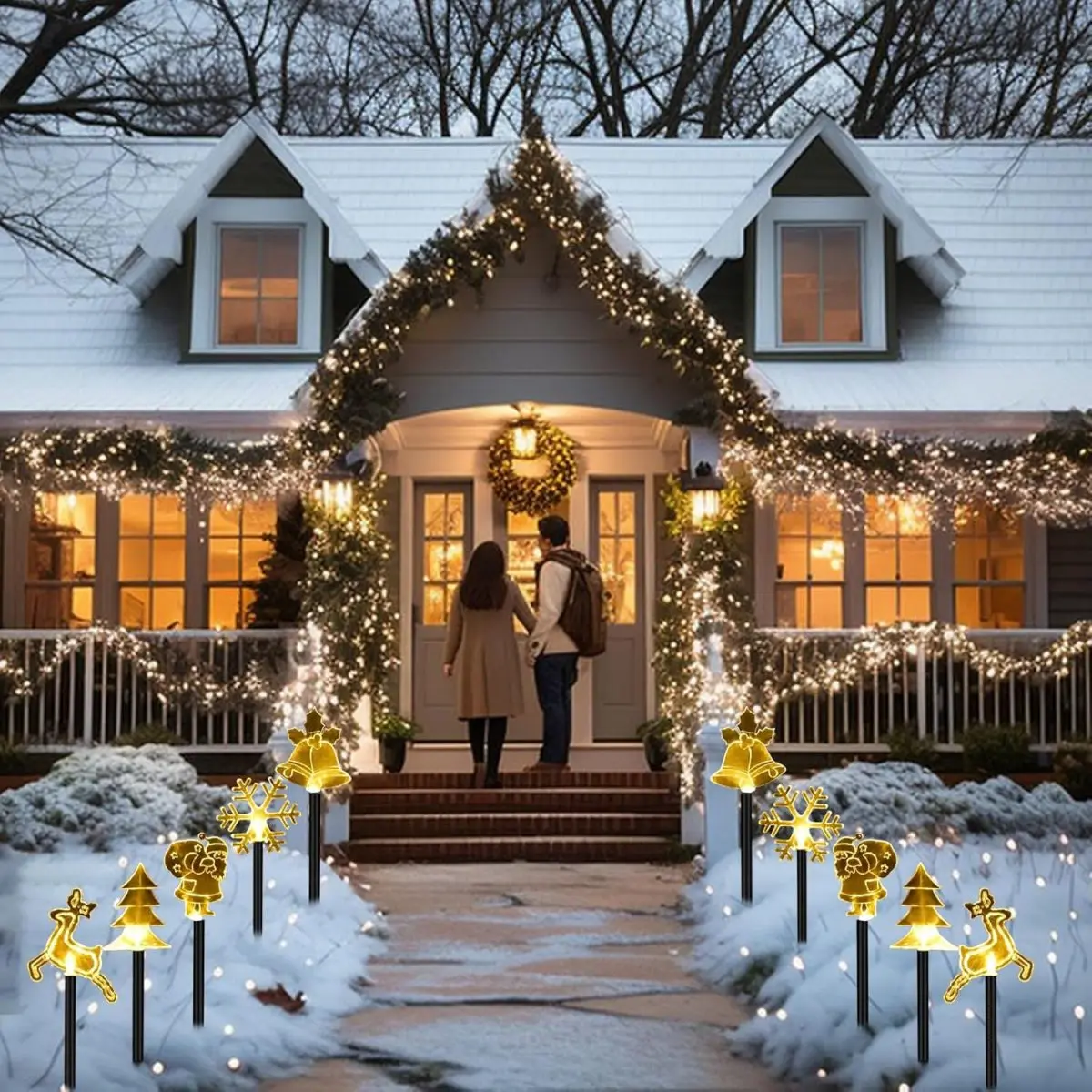 5 قطعة/المجموعة عيد الميلاد حصة ضوء مع نجمة ندفة الثلج جرس شجرة عيد الميلاد شكل مع 8 طرق لحديقة ساحة مسار فناء عيد الميلاد الديكور #6