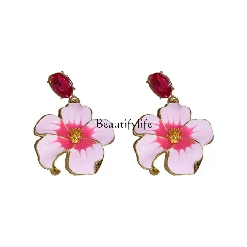 

European and American heavy industry diamond-encrusted flower earrings niche earrings, sweet temperament and high-end earrings