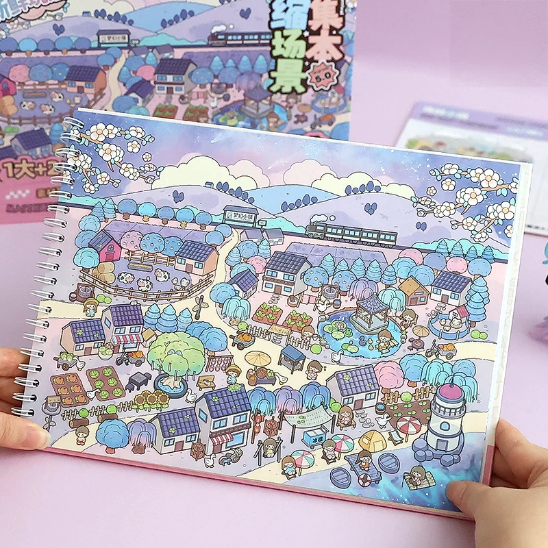 

Mr. Paper Super Large Landscape Cartoon StickerBook 20 sheets/Book Town Miniature Scene Sticker Handbook Farm Decoration Gifts