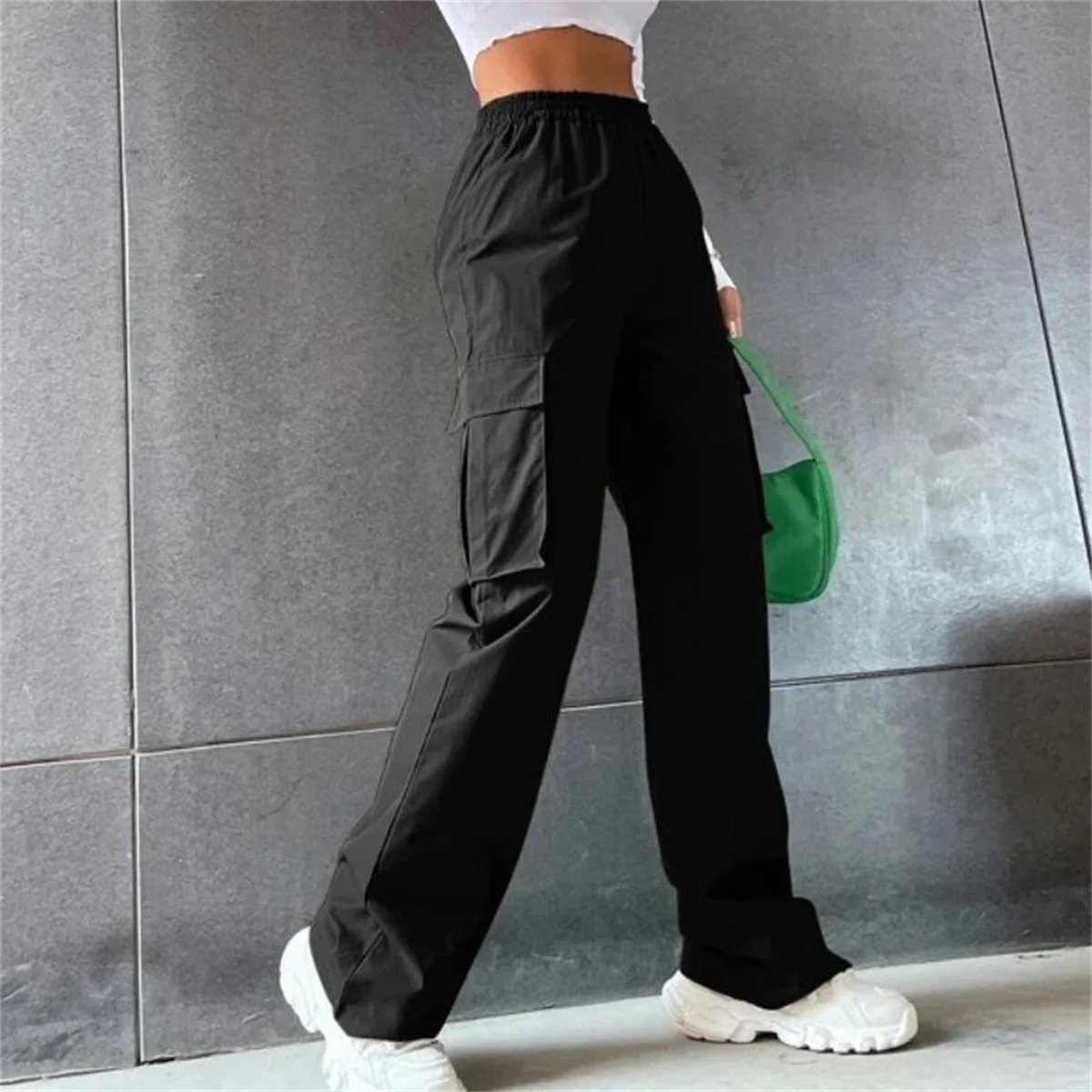 Plus Size Straight Cargo Pants Women Fashion Solid Pocket Elastic Waist Trousers American Retro Street Pant Lady Casual Clothes