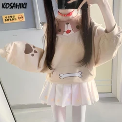 Japanese Kawaii Off-the-shoulder Grunge Hoodie Cartoon Print Pocket Hoody Y2K Aesthetic Womens Harajuku Loose Casual Sweatshirt