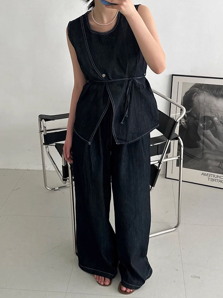 

SuperAen Vintage High-waisted Casual Long Pants for Women Bright Line Decoration Sleeveless Denim Vests Summer Two-piece Sets