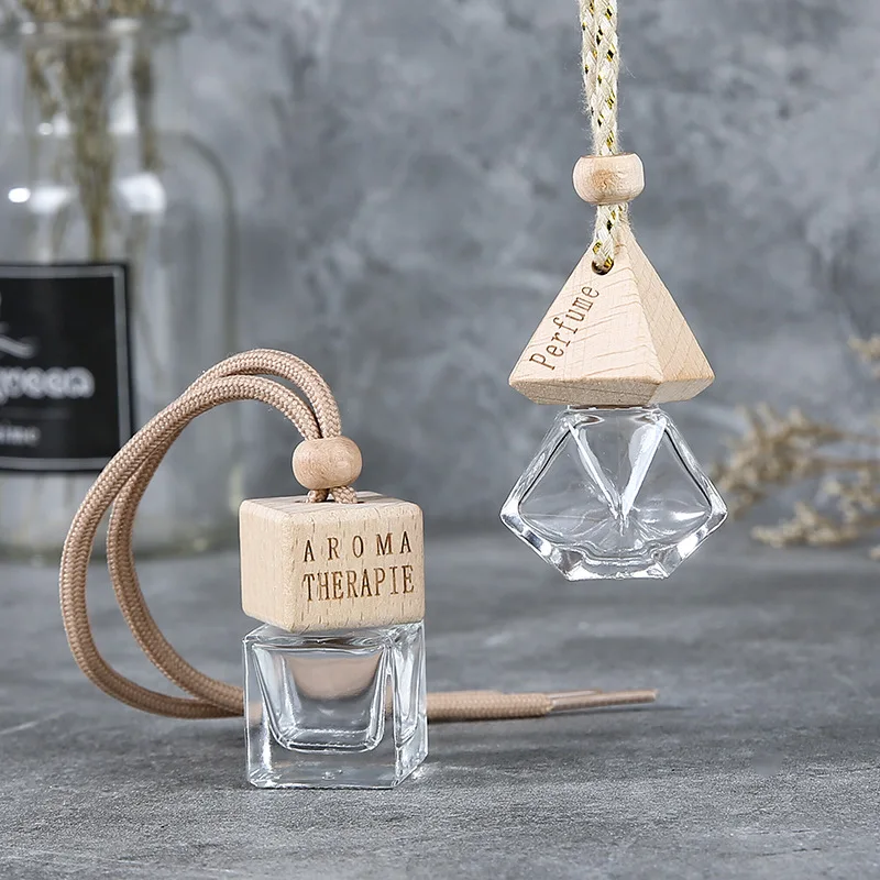 1PC Clear Glass Hanging Diffuser Perfume Bottles, Square Wooden Lid, Essential Oils, Car, Free Funnel, Dropper 6ML