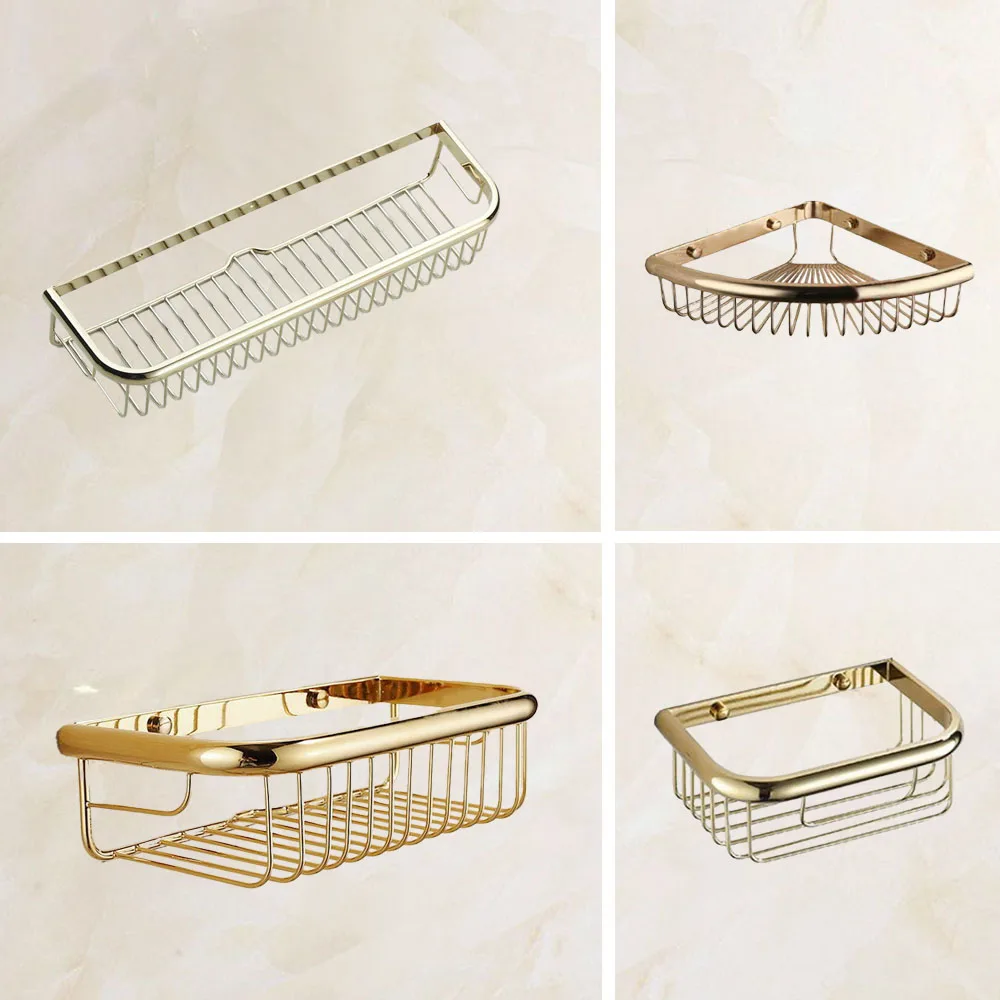 Polished Gold Color Brass Wall Mounted Bathroom Shower Basket Soap Sponge Shower Storage Basket Shelf Shampoo Holder azh123